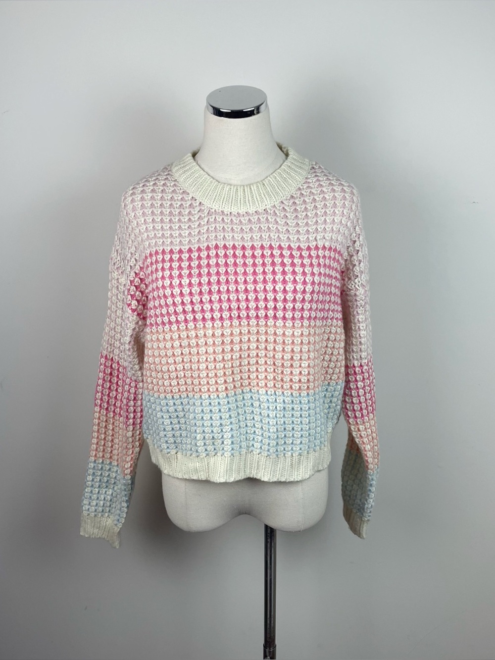 Lulus Cream Pink Blue Knit Crochet Long Sleeve Sweater Women XS Boho Pastel